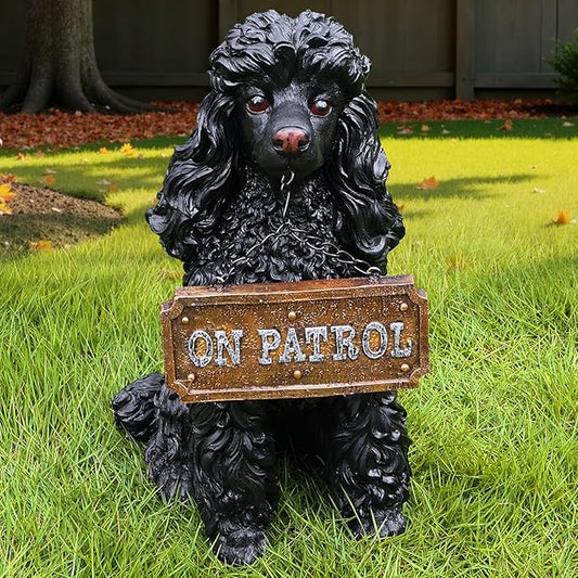 Porch Greeter Dog Statue with Flip-Over “Welcome/ON Patrol” Hanging Plaque and Solar Walkway Lantern, Black Sitting Poodle Yard Accent