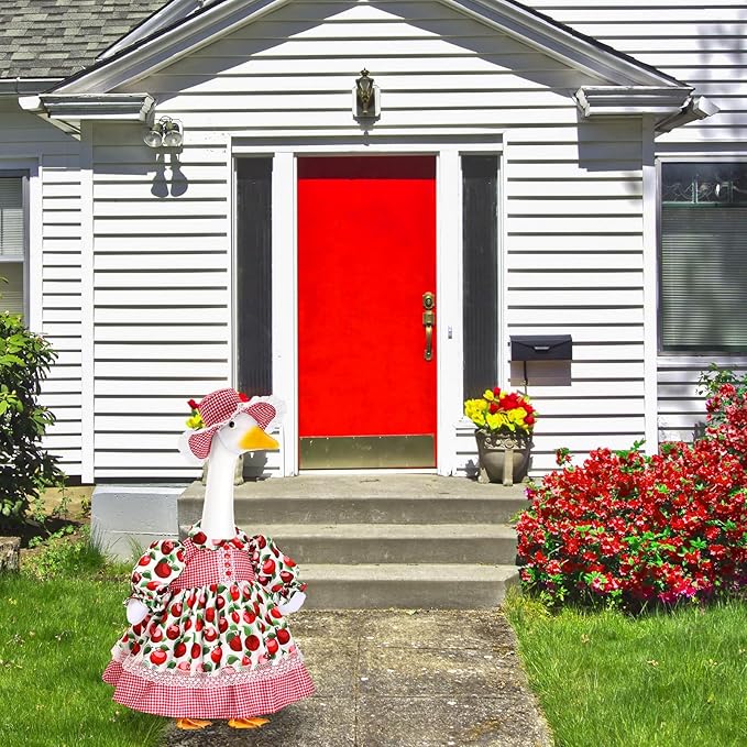 Lolita Goose Outfit Set for 23'' H Plastic Porch Cement Statue Cute Lolita Skirt Fall Spring Summer Goose Costume for Indoor Outdoor Yard Lawn Patio Art Decor(Apple)