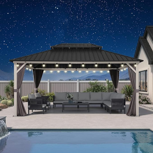 PURPLE LEAF 12' X 16' Outdoor Gazebo Hardtop Metal Roof White Aluminum Frame Grill Gazebos with Curtain and Netting for Patio, Garden and Backyard, Grey