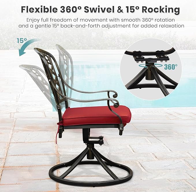 Set of 2 Cast Aluminum Patio Chairs with Cushions, All-Weather Aluminum Outdoor Swivel Chairs, Metal Outdoor Rocking Chairs for Backyard, Poolside and Bistro(Red, 2 Pieces)