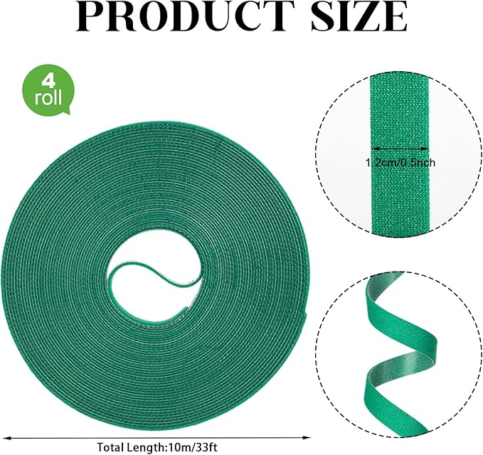 4 Roll Plant Tape Garden Ties, 131 Ft Green Plant Ties for Climbing Plants, 1/2" Adjustable Twist Ties for Plants Support, Reusable Nylon Gardening Tape for Growing, Home, Office