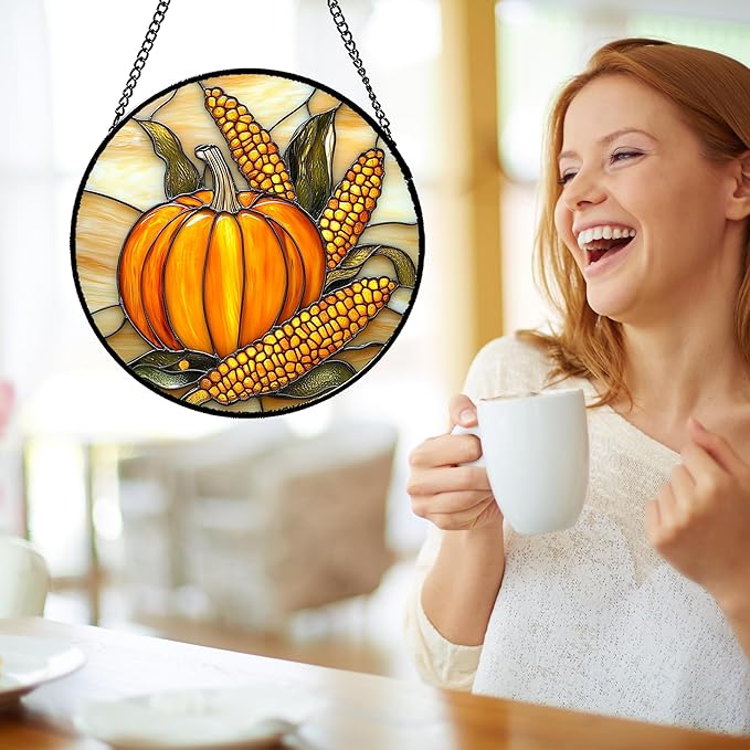 Stained Glass Window Hanging Autumn Harvest Pumpkin Corn Large 11.8" - Suncatcher Door Garden Kitchen Sunroom Sun Catcher Fall Home Decor Birthday for Mom Grandma Men Woman