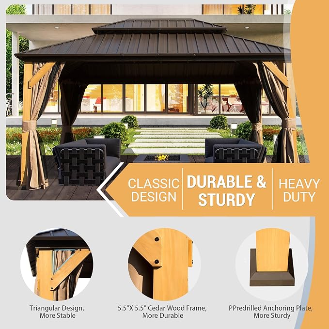 Domi 10' X 14' Wood Gazebo, Cedar Frame Hardtop Gazebo with Galvanized Steel Double Roof, Netting & Curtains, Patio Pergola Pavilion for Patio, Backyard, Deck, Lawns