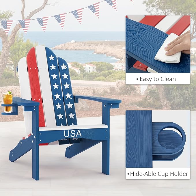 LUE BONA HDPS Adirondack Chairs Set of 4, Fire Pit Outdoor Chair Weather Resistant with Cup Holder, Modern Plastic Chair Plastic for Patio, Deck, Proch, 350LBS, Flag Blue