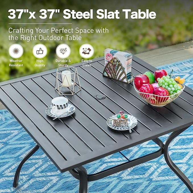 5 Piece Patio Dining Set for 4, 37”Square Table with Umbrella Hole, 4 x Metal Red Chairs, Outdoor Table and Chairs for Lawn and Deck