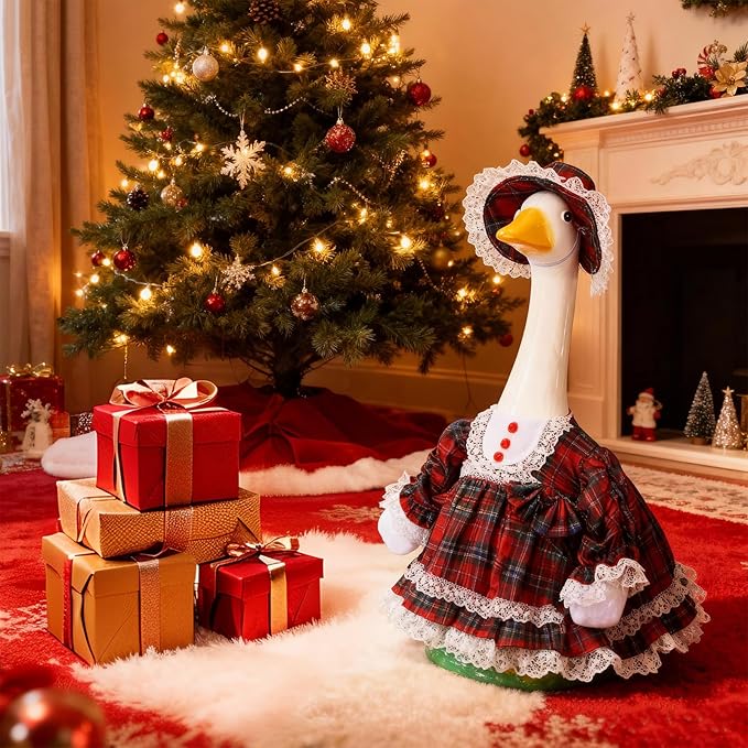Soulchen 1 Set Christmas Plaid Porch Goose Outfit 23 Inch Xmas Cement Goose Clothes Dress and Hat Costume Set for Holiday Lawn Garden Yard Decor