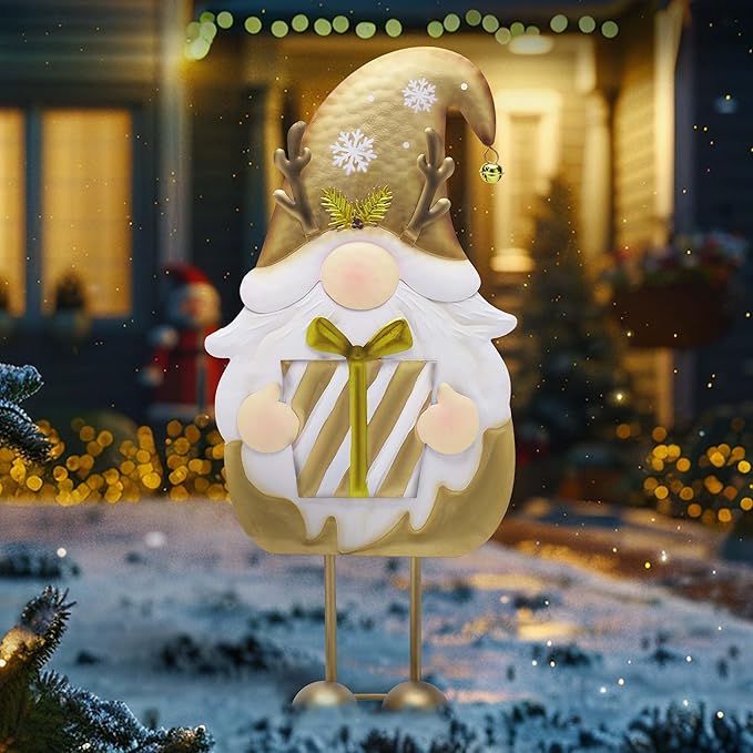 TERESA'S COLLECTIONS Gnome Christmas Decorations,Metal Gold White Santa Holding Gifts,Christmas Gnome Statue for Garden Indoor Outdoor,Decorative Yard Art Sign for Lawn Xmas New Year Winter Decor,24"