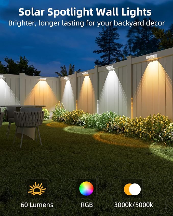 Solar Fence Lights Outdoor, 9 Fixed Colors ＆ Color Changing Fence Lights Solar Powered Waterproof IP65 Dusk-to-Dawn LED Deck Lighting for Patio, Railing, Pool, Porch, Backyard, Wall, 12 Pack