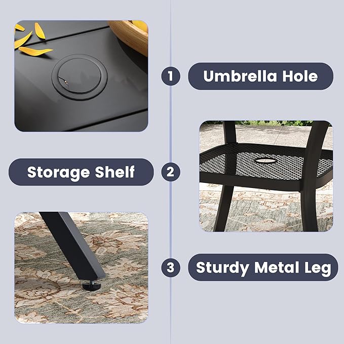 VICLLAX 5 Pieces Patio Dining Set, Outdoor Furniture Set of 4 Patio Swivel Dining Chairs and Square Patio Table with Umbrella Hole, Dark Charcoal Chairs & Black Tabletop