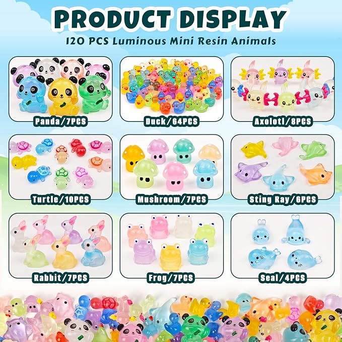 120 Pcs Luminous Mini Resin Animals Glow in The Dark Small Little Tiny Resin Figurines Ducks Axolotls Pandas Garden Miniature Figures for Crafts Micro Landscape Decoration Fairy Garden Accessories