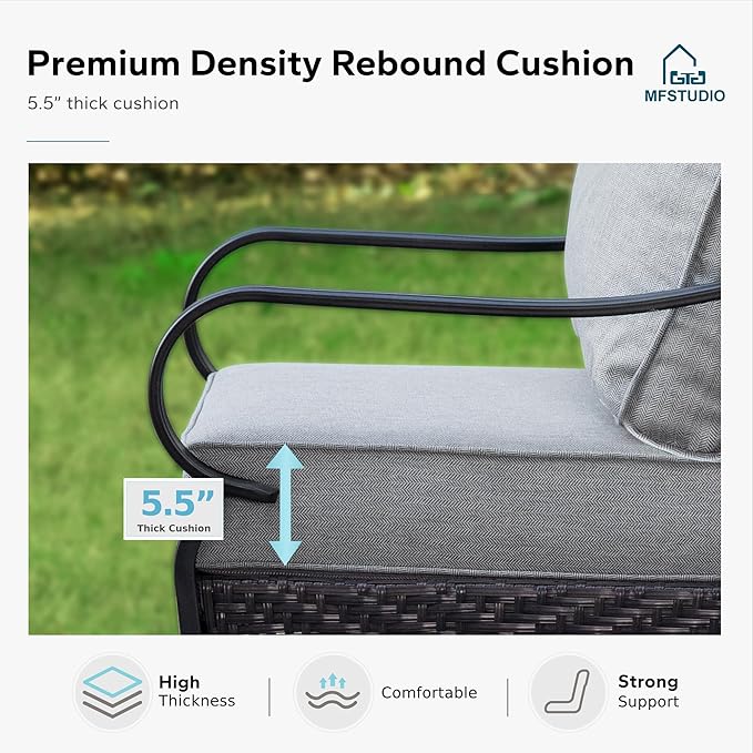 MFSTUDIO 4 Pieces Outdoor Patio Furniture Set, Metal Outdoor Conversation Set, Rattan Wicker Patio Sectional Sofa Set with 2 x Rocking Single Sofa, 3-Seat Sofa, 1 x Coffee Table, Grey