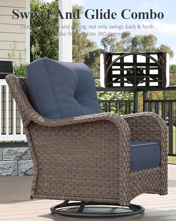 LayinSun 7 Piece Wicker Outdoor Furniture Set with 6-inch Comfy Cushions, High Back Patio Furniture Set with Swivel Rocking Chairs and Side Table