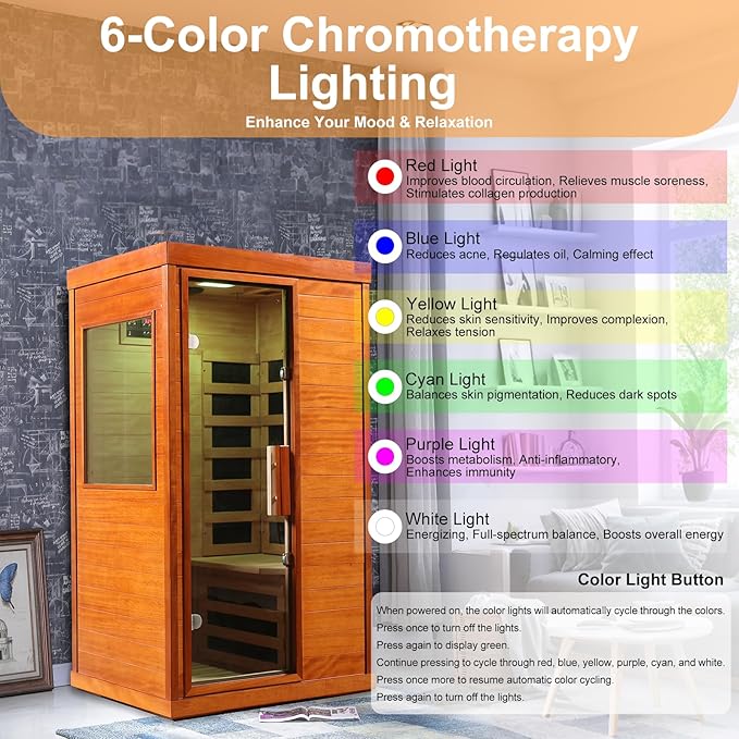 Far Infrared Sauna 1120W 110V, Low EMF Infrared Sauna with Red Light Therapy, Carbon Fiber Infrared Saunas 1 Person W/Bluetooth Speakers/Control Panel for Basement/Home Gym/Bathroom