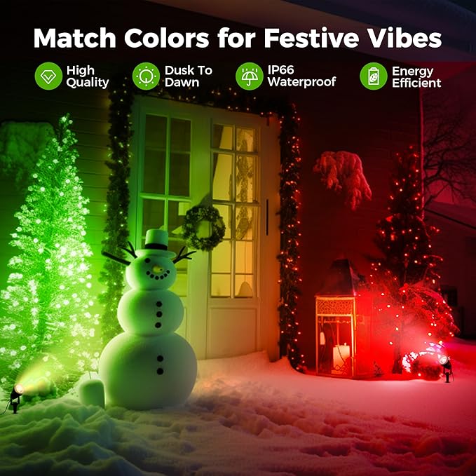 L LOHAS LED Green Spotlight Outdoor, Christmas Green Spot Lights for Yard, Auto On/Off 5W 120V Landscape Lighting for House, Holiday, Trees, Decoration, 450LM IP66 Waterproof, UL Listed, 2 Pack