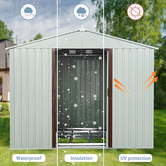 6 x 5 FT Outdoor Storage Shed, Metal Garden Shed with Floor Frame, Tool Shed Outdoor Storage with Lockable Sliding Doors & Window & Air Vents, Storage House Waterproof for Backyard, Lawn, White