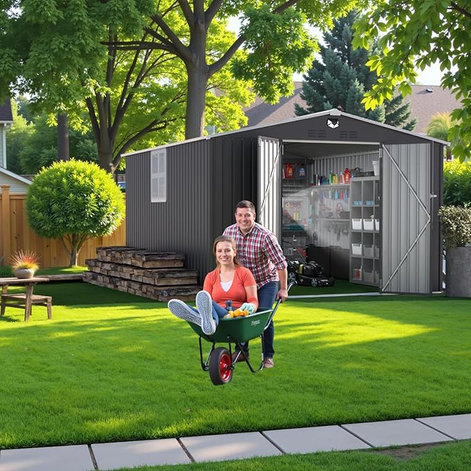 10x12 FT Outdoor Storage Shed, Metal Shed with 1 Window & Lockable Door, Large Heavy Duty Tool Sheds, Outside Waterproof Storage Building