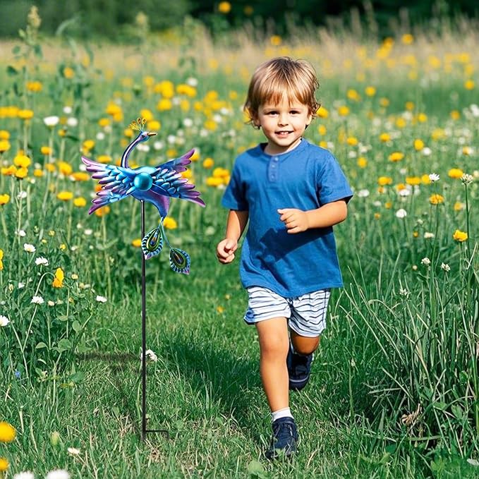 WONDER GARDEN Wind Spinners Outdoor - 2 Pack Small Metal Blue Peacock Wind Spinner Windmill, Wind Sculpture for Yard Patio Lawn Decor