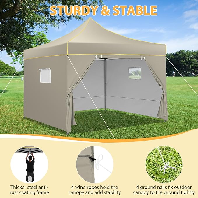 COBIZI 10x10 Pop Up Canopy Tent, Easy Setup Canopy with Sidewalls Waterproof & UPF 50+, Heavy Duty Commercial Instant Craft Fair Tent for Party, Event, Vendor, Farmer Market(Khaki)