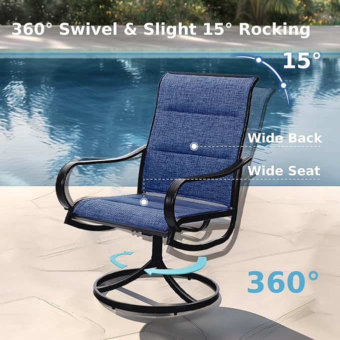 MFSTUDIO Outdoor Swivel Patio Dining Chairs Set of 2, High Back Padded Textilene Patio Chairs for Balcony, Backyad, Deck, Garden (Padded Navy Fabric,Black Frame)