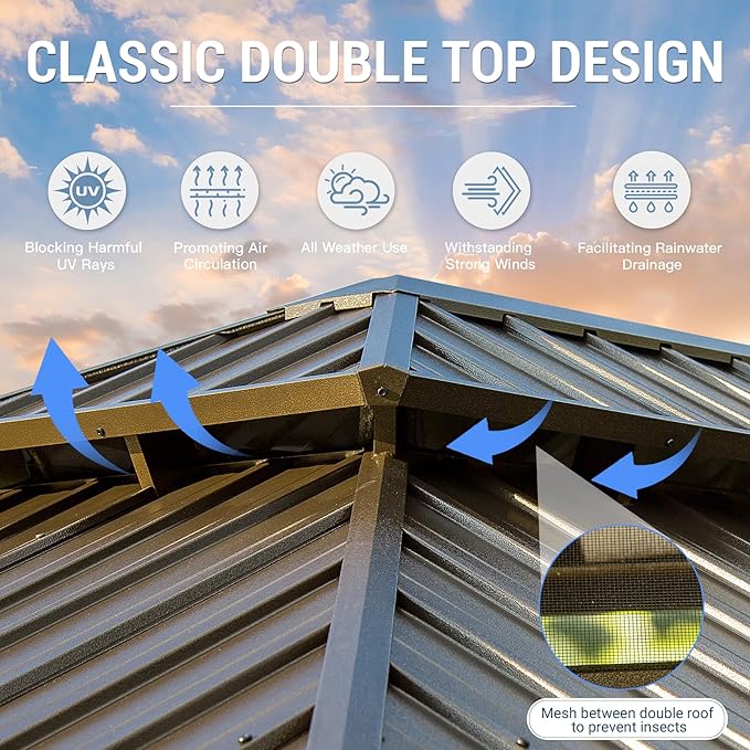 12' x 18' Hardtop Gazebo, Domi Outdoor Aluminum Metal Gazebo with Curtains and Netting, Galvanized Steel Double Canopy for Patios, Deck, Backyard
