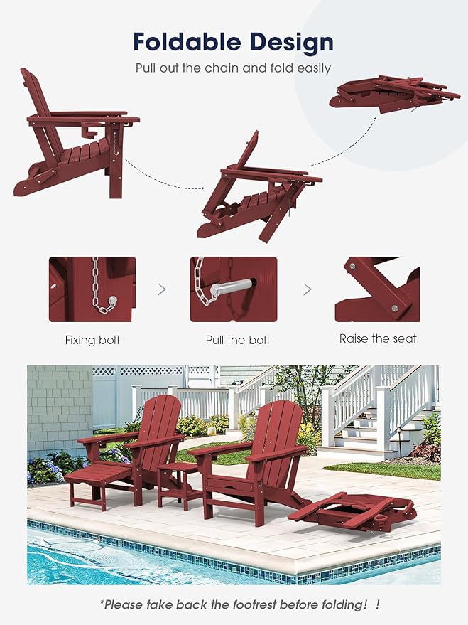 KINGYES Folding Adjustable Adirondack Chair with Retractable Ottoman Set of 6, HDPE All Weather Chair with Cup Holder - Versatile Adirondack Chair, Red