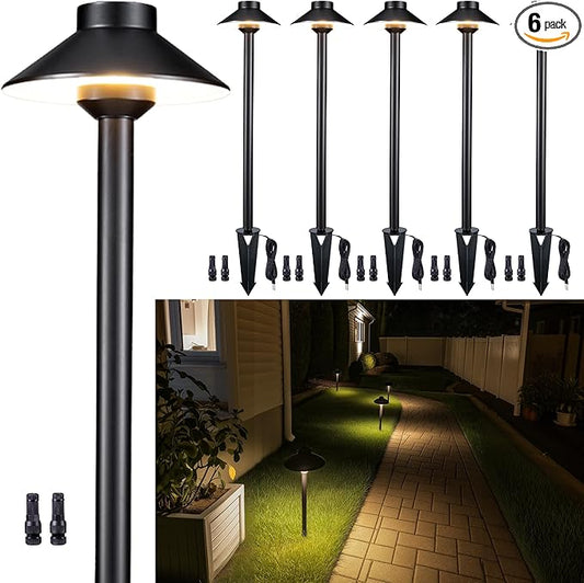 Gardenreet Brass Low Voltage Pathway Lights - 12V LED Landscape Path Lighting, Walkway Light Waterproof IP65, Hat Shaped Wired ‎Classic Black for Outdoor Entrance Garden G4 Bulb Not Included (6 Pack)