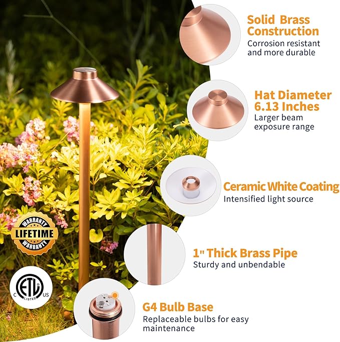 Gardenreet Brass Path Lights Copper, Low Voltage LED Landscape Pathway Lights, 12V Outdoor Waterproof Landscape Lighting(Hat) for Walkway Driveway Garden Yard Without G4 Bulb