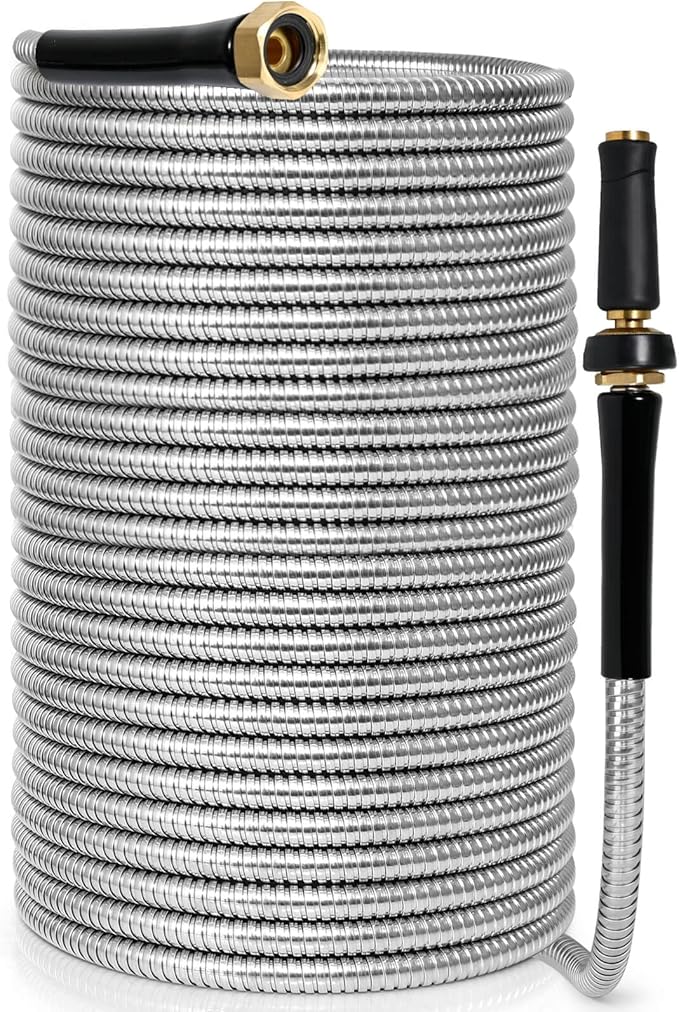 TOOLCY Metal Garden Hose 100 FT - 304 Stainless Steel Water Hose with Brass Nozzle - Heavy Duty, No Kink, Super Flexible, Durable Garden Hoses for Yard, Outdoor, Lawn