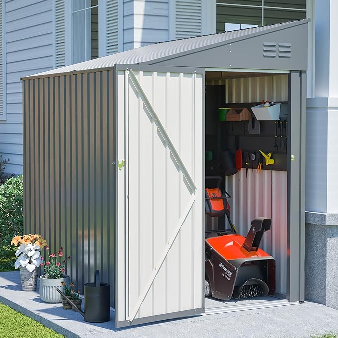 4×8 FT Outdoor Metal Storage Shed,Heavy-Duty Lean to Storage Shed with Lockable Door and Reinforced Beams,All Weather Waterproof Storage House W/2 Air Vents,for Backyard,Patio,Lawn,Dark Gray