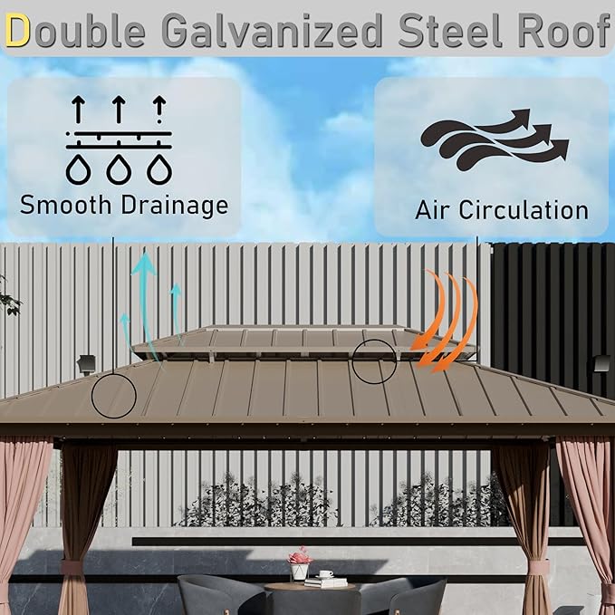 10'x12' Hardtop Gazebo, Outdoor Aluminum Frame Galvanized Steel Double Roof Pavilion with Netting and Shaded Curtains, Permanent Metal Pergolas for Patio, Backyard, Deck and Lawns.