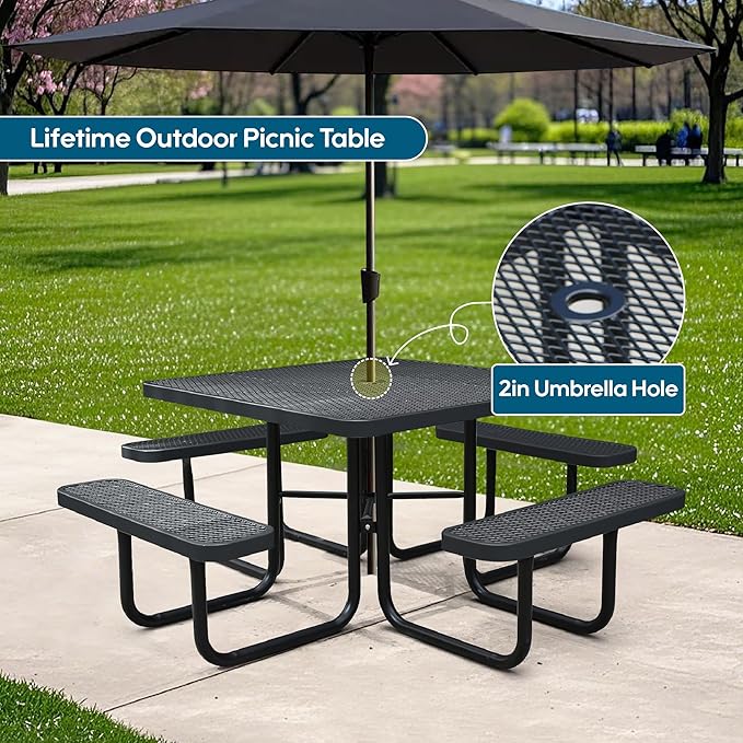 8-Person Picnic Tables for Outdoors, Industrial 46" Expanded Metal Square Picnic Table with 4 Benches & Umbrella Hole, Outside Table and Bench Set for Garden, Backyard, Porch, Patio, Black