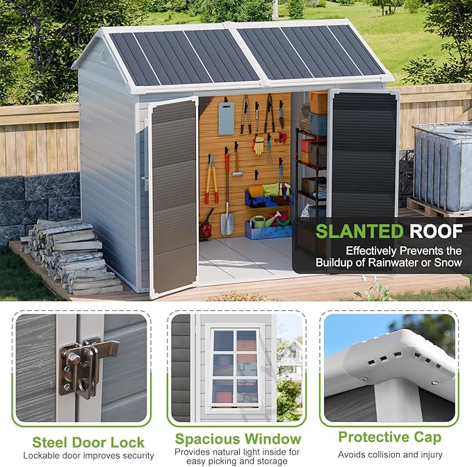 8x6 Shed, Heavy-Duty Outdoor Storage Shed with Floor, Waterproof Plastic Resin Garden Shed for Backyard, Tool Storage with Lockable Double Doors & Awning Windows