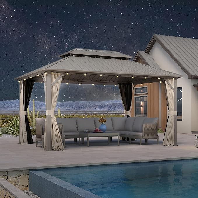 PURPLE LEAF 10' x 14' Outdoor Hardtop Gazebo, Champagne Aluminum Frame with Galvanized Steel Double Roof, Curtains and Netting for Patio Lawn and Garden