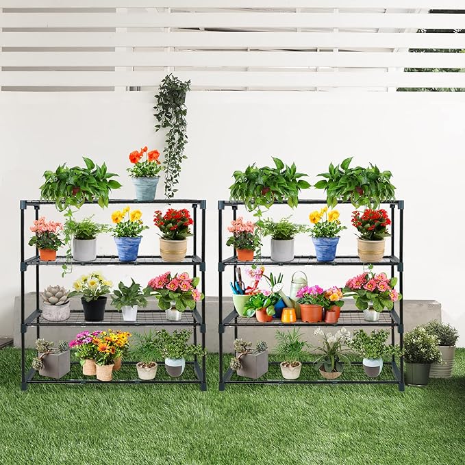 EAGLE PEAK Greenhouse Shelving Staging Double 4 Tier, Outdoor/Indoor Plant Shelves, 35"x12"x42", Green