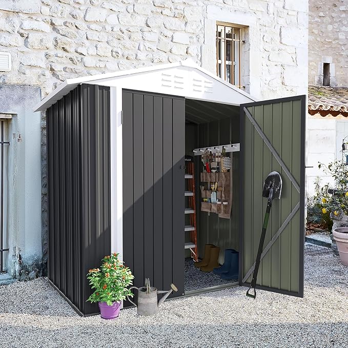 Furniwell Outdoor Storage Shed, Metal Garden Sheds Outdoor Storage House with Single Lockable Door for Backyard Patio Lawn (Gray, 6 x 4 FT)