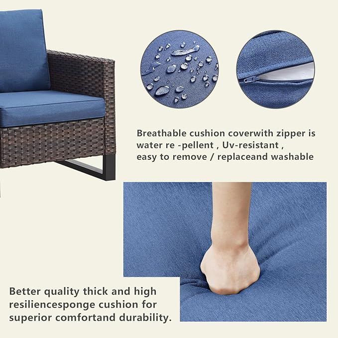 Rilyson Wicker Outdoor Patio Furniture Set - 6 Piece Patio Conversation Set with 2 Swivel Rocker Chairs,2 Rattan Ottoman,1 Couch and 1 Metal Coffee Table for Outside Porch Deck Backyard(Brown/Blue)