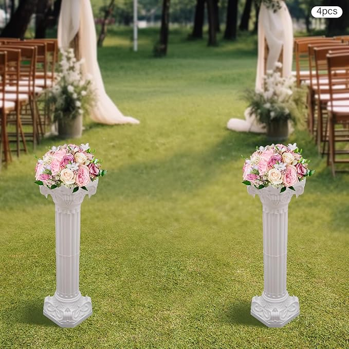 Roman Column Pedestal, Plastic White Columns for Weddings Indoor/Outdoor Roman Pillar Stand for Table Sculptures, Vase, Garden Decor (4PCS, 10.6 x 34.6 Inch Round)