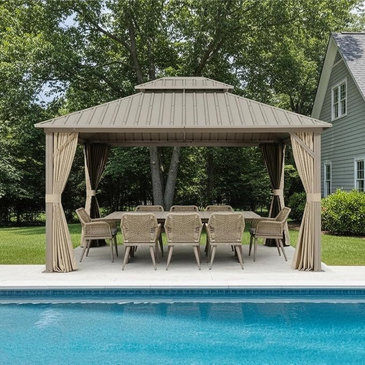 PURPLE LEAF 12' x 14' Outdoor Hardtop Gazebo with 9 Pieces Outdoor Dining Set, Champagne Aluminum Gazebo with Galvanized Steel Double Roof, Curtains and Netting for Patio Lawn and Garden