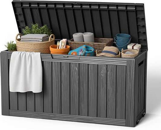 EasyUp 90 Gallon Outdoor Storage Box, Resin Waterproof UV-Resistant Deck Box, Reinforced Stability for Patio, Garden, and Poolside, Striped Black