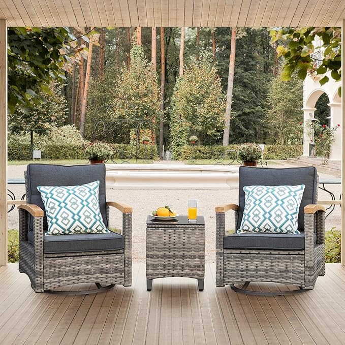 MEISSALIVVE 3 Piece Outdoor Swivel Rocker, Patio Furniture Bistro Set with 360° Wood Armrests Swivel Rocking Chairs and Side Table for Porch,Deck,Balcony(Grey)