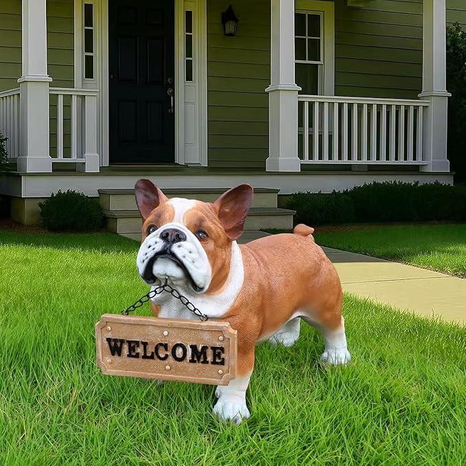 Bulldog Solar Welcome Statue, Hand-Painted Resin Standing Dog Figurine with Lantern and Dual Wooden-Style Signs, Loyal Guardian Sculpture for Garden and Porch Décor