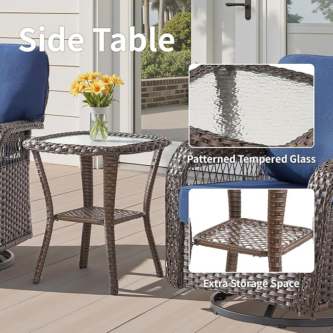 Patio Furniture Sets, 6 Pieces Wicker Outdoor Furniture with Patio Sidetables - 360 Degree Swivel Rocking Chairs and Rattan Side Table for Garden, Porch, Backyard, Blue/Brown Wicker