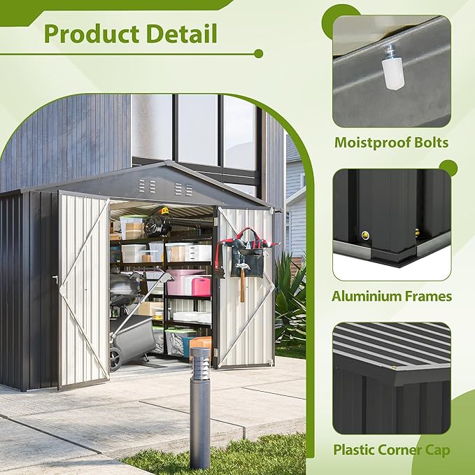 10X8 FT Outdoor Storage Shed, All Weather Metal Sheds with Lockable Doors, Tool Shed for Garden, Patio, Backyard, Lawn, Black