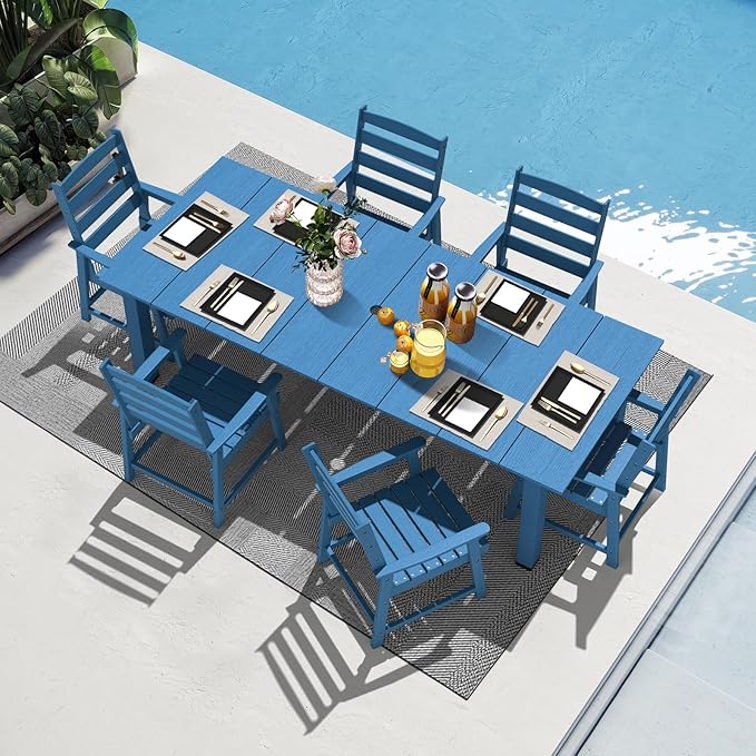 LOUNZY 7-Piece Outdoor Dining Set – 75.2" HDPE Table with 6 Chairs, Hole-Cut Design for Patio, Pool & Yard，Navy Blue
