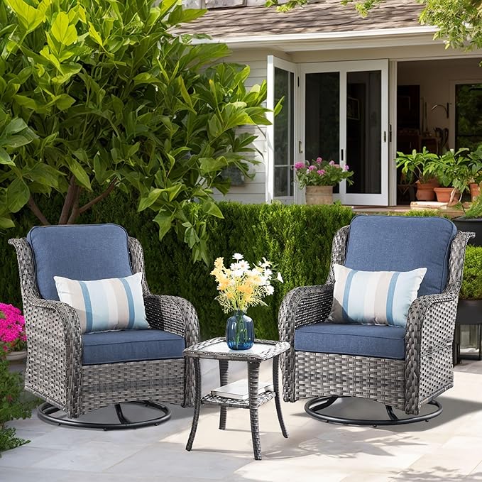 HOOOWOOO Patio Furniture Set,3 Piece Outdoor Furniture with Swivel Chairs,Wicker Patio Bistro Chairs Set,Denim Blue