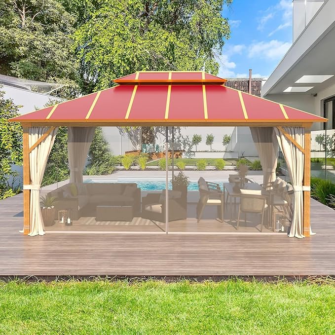 MELLCOM 12' x 16' Hardtop Gazebo, Wooden Finish Coated Aluminum Frame Outdoor Gazebos with Aluminum Double Roof, Claret Metal Gazebo with Curtains and Nettings for Patios, Gardens, Lawns