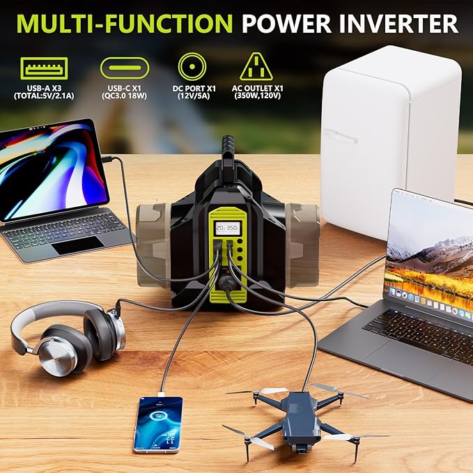 350W Power Inverter for Ryobi 18V ONE+ Battery, 2-Port 18V DC to 120V AC Inverter with LED Light, 3 USB-A, 1 USB-C, DC and AC Ports. Portable Battery Inverters for Outdoor Use(Tool Only)
