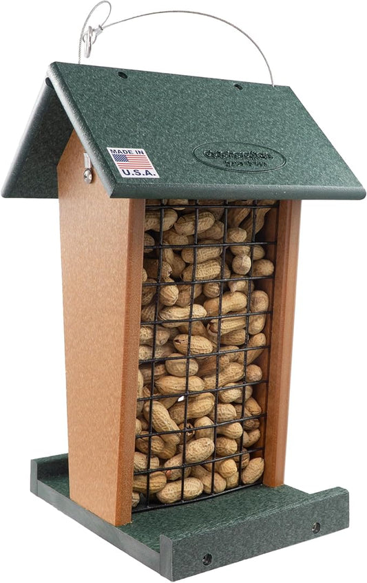 DutchCrafters Plastic Poly Hanging Whole Peanut Bird Feeder for Large Birds, Woodpeckers, Crows, Blue Jays for Outdoor, Garden, Yard - USA Amish Made (Turf Green & Cedar)