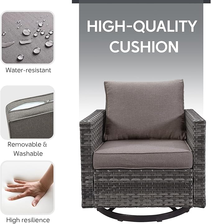 Outdoor Swivel Rocker Chairs - 5 Piece Patio Bistro Set Wicker Patio Rocking Chairs Set with Side Table and Ottomans, 360° Swivel Glider Proch Furniture for Balcony Deck - Grey/Grey