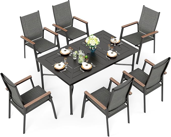 Sophia & William Outdoor Dining Set 7 Pieces, 6 x Aluminum Patio Dining Chairs and Large 64" Metal Dining Table, Space-Saving and Lightweight for Patio Lawn Garden (Grey)